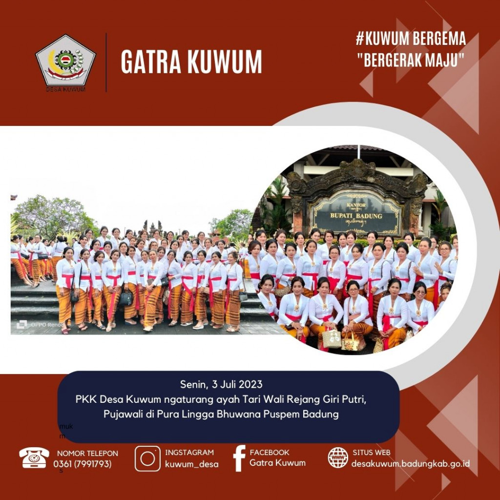 Tari Wali Rejang Giri Putri dipentaskan secara kolosal oleh TP PKK Kabupaten Badung dalam upacara Nyatur Rebah di Pura Lingga Bhuwana dan Pura Beji, Puspem Badung